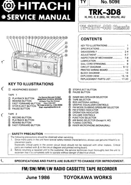 HITACHI TRK-3D8 FM SW MW LW RADIO CASSETTE TAPE RECORDER SERVICE MANUAL INC BLK DIAG PCBS SCHEM DIAG AND PARTS LIST 21 PAGES ENG