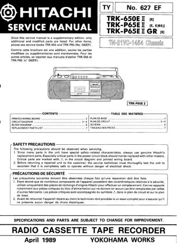 HITACHI TRK-650 II TRK-P65E II TRK-P65E II GR RADIO CASSETTE TAPE RECORDER SERVICE MANUAL INC BLK DIAG PCBS SCHEM DIAGS AND PARTS LIST 8 PAGES ENG FRANC