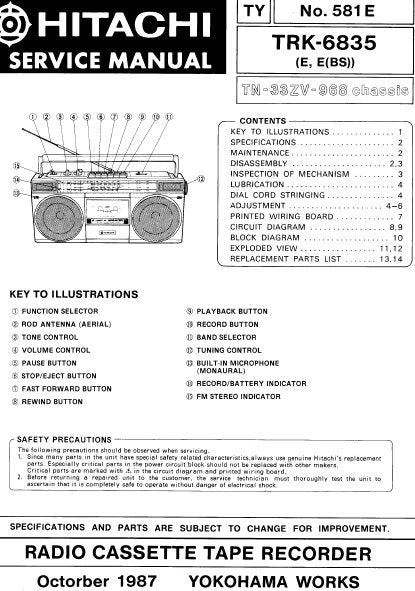 HITACHI TRK-6835 RADIO CASSETTE TAPE RECORDER SERVICE MANUAL INC BLK DIAG PCBS SCHEM DIAGS AND PARTS LIST 18 PAGES ENG