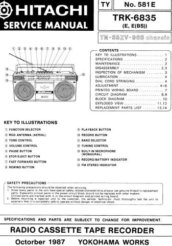 HITACHI TRK-6835 RADIO CASSETTE TAPE RECORDER SERVICE MANUAL INC BLK DIAG PCBS SCHEM DIAGS AND PARTS LIST 18 PAGES ENG