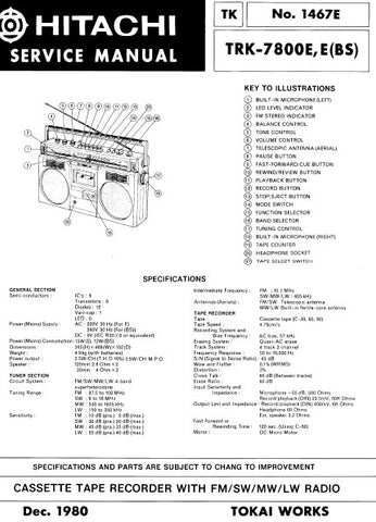 HITACHI TRK-7800E E(BS) CASSETTE TAPE RECORDER WITH FM SW MW LW RADIO SERVICE MANUAL INC PCBS SCHEM DIAGS AND PARTS LIST 20 PAGES ENG