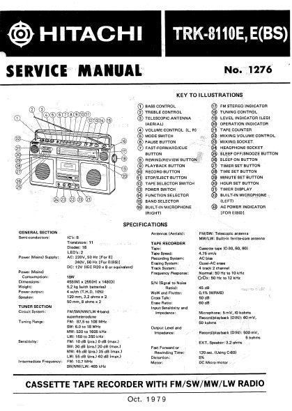 HITACHI TRK-8110E E(BS) CASSETTE TAPE RECORDER WITH FM SW MW LW RADIO SERVICE MANUAL INC BLK DIAG PCBS SCHEM DIAGS AND PARTS LIST 21 PAGES ENG