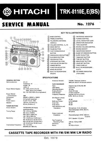 HITACHI TRK-8110E E(BS) CASSETTE TAPE RECORDER WITH FM SW MW LW RADIO SERVICE MANUAL INC BLK DIAG PCBS SCHEM DIAGS AND PARTS LIST 21 PAGES ENG