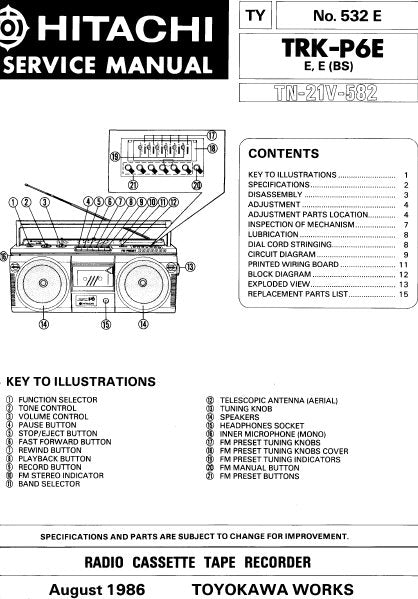 HITACHI TRK-P6E RADIO CASSETTE TAPE RECORDER SERVICE MANUAL INC BLK DIAG PCBS SCHEM DIAGS AND PARTS LIST 22 PAGES ENG