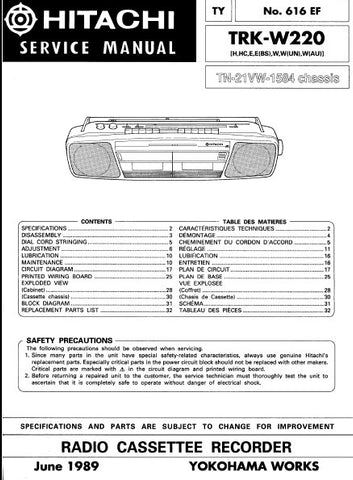 HITACHI TRK-W220 RADIO CASSETTE TAPE RECORDER SERVICE MANUAL INC PCBS SCHEM DIAGS AND PARTS LIST 37 PAGES ENG FRANC