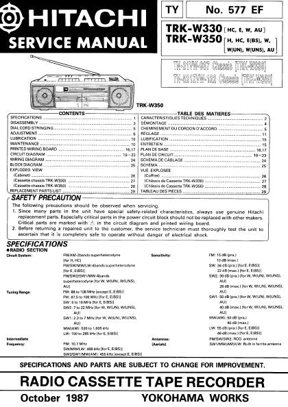 HITACHI TRK-W330 TRK-W350 RADIO CASSETTE TAPE RECORDER SERVICE MANUAL INC BLK DIAG PCBS SCHEM DIAGS AND PARTS LIST 33 PAGES ENG FRANC