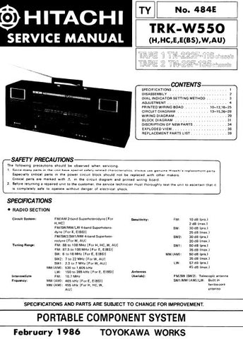 HITACHI TRK-W550 PORTABLE COMPONENT SYSTEM SERVICE MANUAL INC BLK DIAG PCBS SCHEM DIAGS AND PARTS LIST 50 PAGES ENG