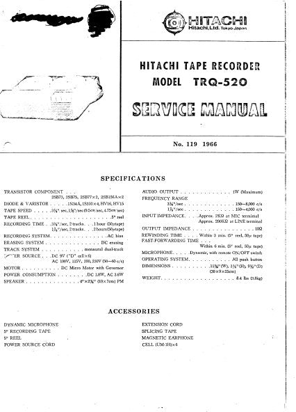 HITACHI TRQ-520 REEL TO REEL TAPE RECORDER SERVICE MANUAL INC PCB AND SCHEM DIAG 7 PAGES ENG