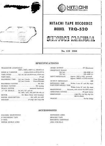 HITACHI TRQ-520 REEL TO REEL TAPE RECORDER SERVICE MANUAL INC PCB AND SCHEM DIAG 7 PAGES ENG