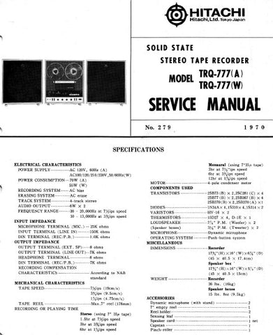 HITACHI TRQ-777 SOLID STATE REEL TO REEL TAPE RECORDER SERVICE MANUAL INC BLK DIAG PCBS SCHEM DIAG AND PARTS LIST 30 PAGES ENG