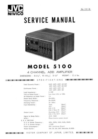 JVC 5100 4 CHANNEL ADD AMPLIFIER SERVICE MANUAL INC PCBS SCHEM DIAG AND PARTS LIST 15 PAGES ENG