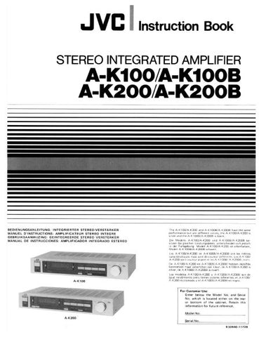 JVC A-K100 A-K100B A-K200 A-K200B STEREO INTEGRATED AMPLIFIER INSTRUCTION BOOK 19 PAGES ENG