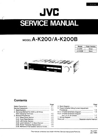 JVC A-K200 A-K200B STEREO INTEGRATED AMPLIFIER SERVICE MANUAL INC BLK DIAG PCB SCHEM DIAGS AND PARTS LIST 27 PAGES ENG