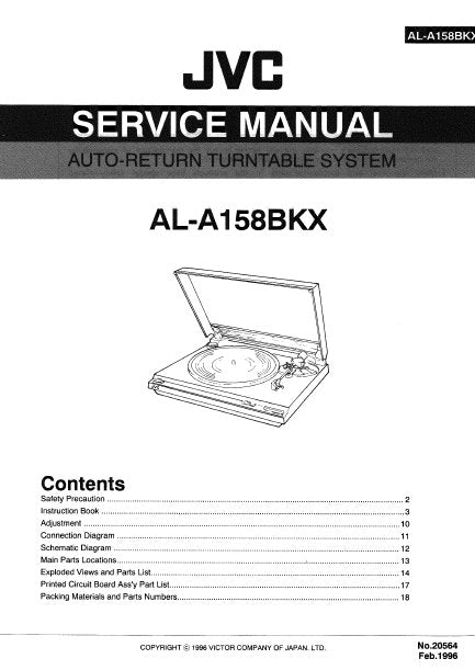 JVC AL-A158BKX AUTO RETURN TURNTABLE SYSTEM SERVICE MANUAL INC PCB SCHEM DIAG AND PARTS LIST 20 PAGES ENG