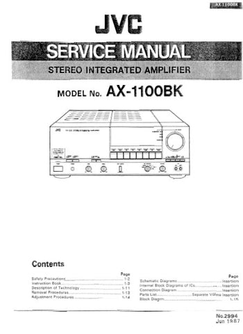 JVC AX-1100BK STEREO INTEGRATED AMPLIFIER SERVICE MANUAL INC BLK DIAG PCBS SCHEM DIAGS AND PARTS LIST 37 PAGES ENG