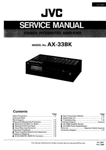JVC AX-33BK STEREO INTEGRATED AMPLIFIER SERVICE MANUAL INC BLK DIAG PCBS SCHEM DIAG AND PARTS LIST 46 PAGES ENG