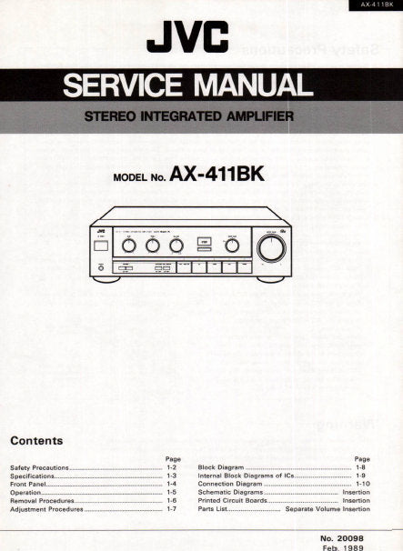 JVC AX-411BK STEREO INTEGRATED AMPLIFIER SERVICE MANUAL INC BLK DIAG PCBS SCHEM DIAG AND PARTS LIST 28 PAGES ENG