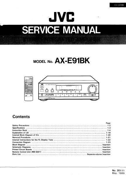 JVC AX-E91BK STEREO INTEGRATED AMPLIFIER SERVICE MANUAL INC BLK DIAG PCBS SCHEM DIAGS AND PARTS LIST 46 PAGES ENG