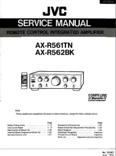 JVC AX-R561TN AX-R562BK STEREO INTEGRATED AMPLIFIER SERVICE MANUAL INC BLK DIAG PCBS SCHEM DIAGS AND PARTS LIST 56 PAGES ENG