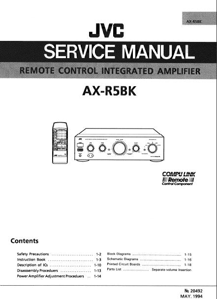 JVC AX-R5BK STEREO INTEGRATED AMPLIFIER SERVICE MANUAL INC BLK DIAG PCB SCHEM DIAGS AND PARTS LIST 15 PAGES ENG