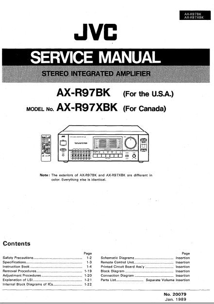 JVC AX-R97BK STEREO INTEGRATED AMPLIFIER SERVICE MANUAL INC BLK DIAG PCBS SCHEM DIAGS AND PARTS LIST 44 PAGES ENG