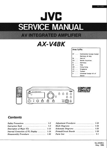 JVC AX-V4BK AV INTEGRATED AMPLIFIER SERVICE MANUAL INC BLK DIAG PCBS SCHEM DIAGS AND PARTS LIST 62 PAGES ENG