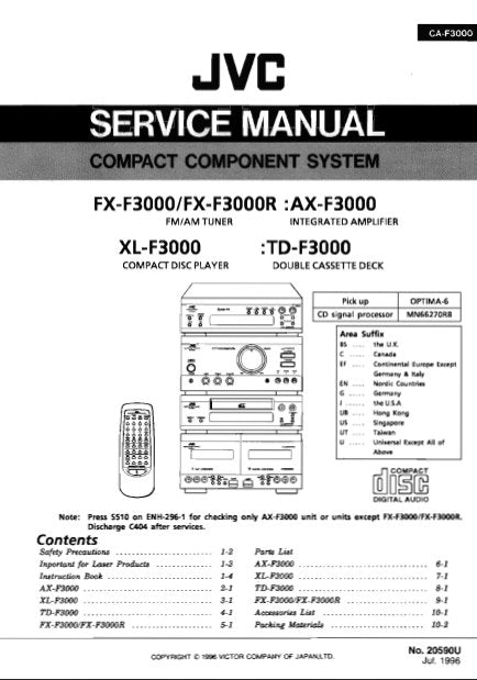 JVC CA-F3000 FX-F3000 FX-F3000R AX-F3000 XL-F3000 TD-F3000 COMPACT COMPONENT SYSTEM SERVICE MANUAL INC BLK DIAGS PCBS SCHEM DIAGS AND PARTS LIST 198 PAGES ENG