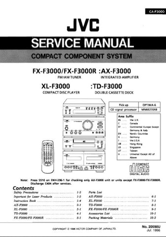 JVC CA-F3000 FX-F3000 FX-F3000R AX-F3000 XL-F3000 TD-F3000 COMPACT COMPONENT SYSTEM SERVICE MANUAL INC BLK DIAGS PCBS SCHEM DIAGS AND PARTS LIST 198 PAGES ENG
