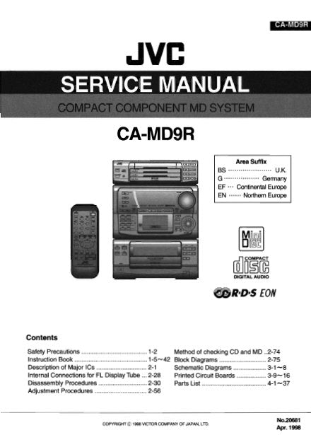 JVC CA-MD9R COMPACT COMPONENT MD SYSTEM SERVICE MANUAL INC BLK DIAG PCBS SCHEM DIAGS AND PARTS LIST 190 PAGES ENG