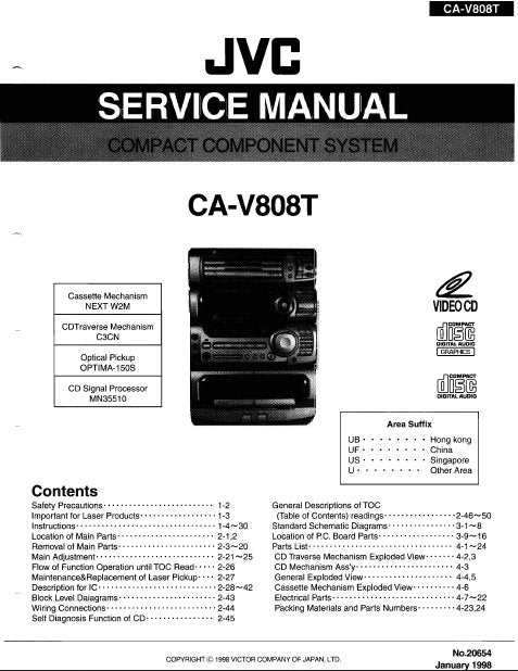 JVC CA-V808T COMPACT COMPONENT SYSTEM SERVICE MANUAL INC BLK DIAG PCBS SCHEM DIAGS AND PARTS LIST 135 PAGES ENG