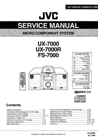 JVC FS-7000 UX-7000 UX-7000R MICRO COMPONENT SYSTEM SERVICE MANUAL INC BLK DIAG PCBS SCHEM DIAG AND PARTS LIST 118 PAGES ENG