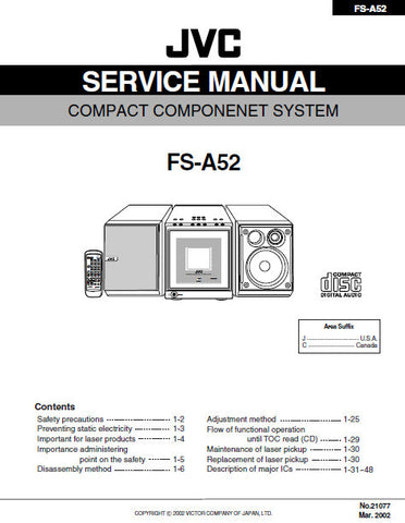 JVC FS-A52 COMPACT COMPONENT SYSTEM SERVICE MANUAL INC BLK DIAG PCBS SCHEM DIAGS AND PARTS LIST 82 PAGES ENG
