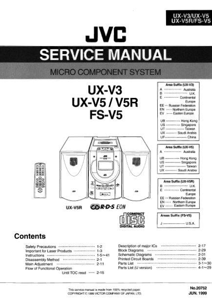 JVC FS-V5 UX-V3 UX-V5 UX-V5R MICRO COMPONENT SYSTEM SERVICE MANUAL INC BLK DIAG PCBS SCHEM DIAGS AND PARTS LIST 168 PAGES ENG