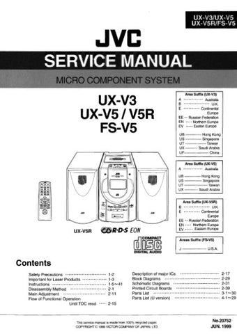 JVC FS-V5 UX-V3 UX-V5 UX-V5R MICRO COMPONENT SYSTEM SERVICE MANUAL INC BLK DIAG PCBS SCHEM DIAGS AND PARTS LIST 168 PAGES ENG