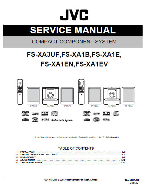 JVC FS-XA3UF FS-XA1B FS-XA1E FS-XA1EN FS-XA1EV COMPACT COMPONENT SYSTEM SERVICE MANUAL INC BLK DIAG PCBS SCHEM DIAGS AND PARTS LIST 65 PAGES ENG