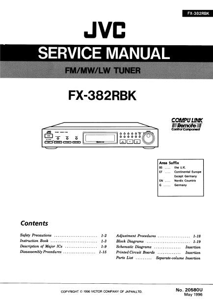 JVC FX-382RBK FM MW LW TUNER SERVICE MANUAL INC BLK DIAG PCBS SCHEM DIAGS AND PARTS LIST 40 PAGES ENG