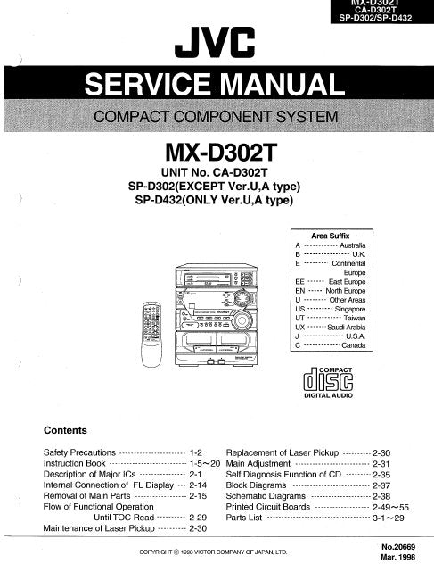 JVC MDX-D320T COMPACT COMPONENT SYSTEM SERVICE MANUAL INC BLK DIAG PCBS SCHEM DIAGS AND PARTS LIST 126 PAGES ENG
