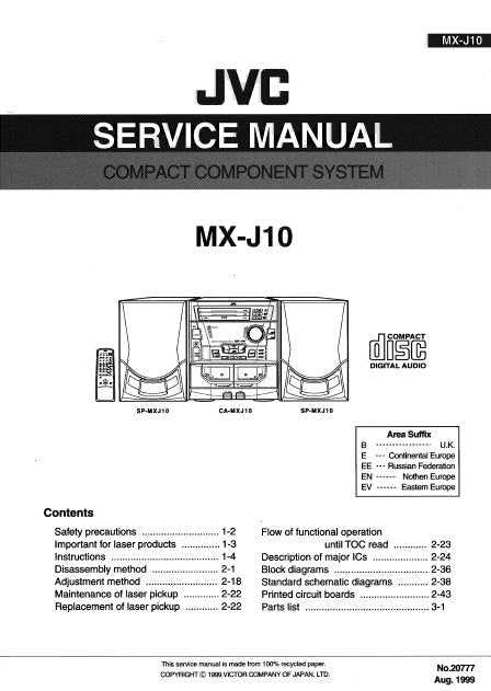 JVC MX-J10 COMPACT COMPONENT SYSTEM SERVICE MANUAL INC BLK DIAG PCBS SCHEM DIAGS AND PARTS LIST 98 PAGES ENG