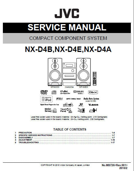 JVC NX-D4B NX-D4E NX-D4A COMPACT COMPONENT SYSTEM SERVICE MANUAL INC BLK DIAG PCBS SCHEM DIAGS AND PARTS LIST 77 PAGES ENG