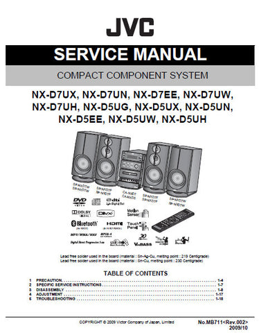 JVC NX-D7 SERIES NX-D5 SERIES COMPACT COMPONENT SYSTEM SERVICE MANUAL INC BLK DIAG PCBS SCHEM DIAGS AND PARTS LIST 55 PAGES ENG