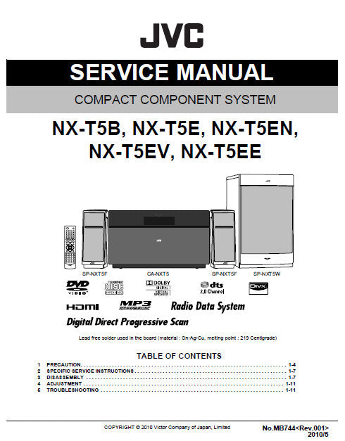 JVC NX-T5 SERIES COMPACT COMPONENT SYSTEM SERVICE MANUAL INC BLK DIAG PCBS SCHEM DIAGS AND PARTS LIST 57 PAGES ENG