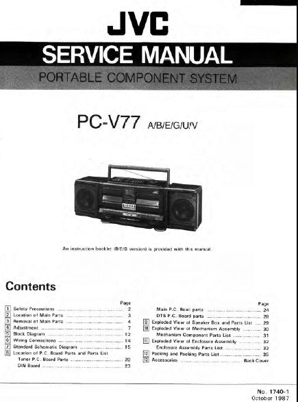 JVC PC-V77 PORTABLE COMPONENT SYSTEM SERVICE MANUAL INC BLK DIAG PCBS SCHEM DIAGS AND PARTS LIST 36 PAGES ENG