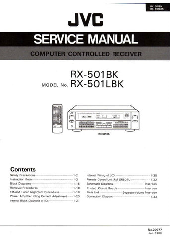 JVC RX-501BK RX-501LBK COMPUTER CONTROLLED STEREO RECEIVER SERVICE MANUAL INC BLK DIAG PCBS SCHEM DIAGS AND PARTS LIST 56 PAGES ENG