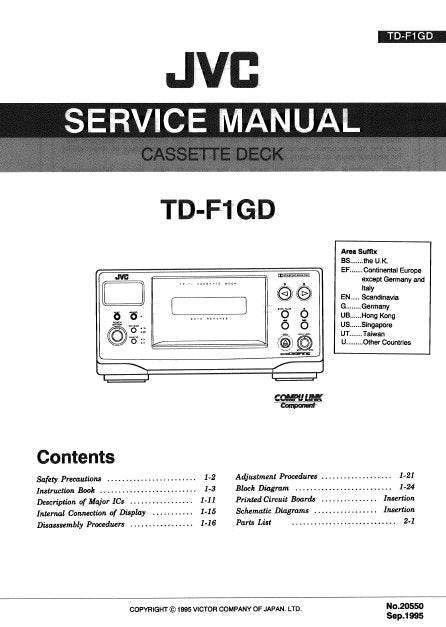 JVC TD-F1GD CASSETTE DECK SERVICE MANUAL INC BLK DIAG PCBS SCHEM DIAG AND PARTS LIST 48 PAGES ENG