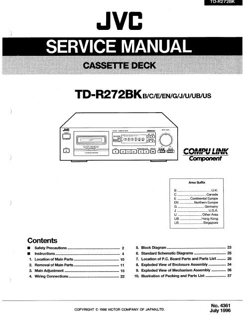 JVC TD-R272BK CASSETTE DECK SERVICE MANUAL INC BLK DIAG PCBS SCHEM DIAGS AND PARTS LIST 50 PAGES ENG