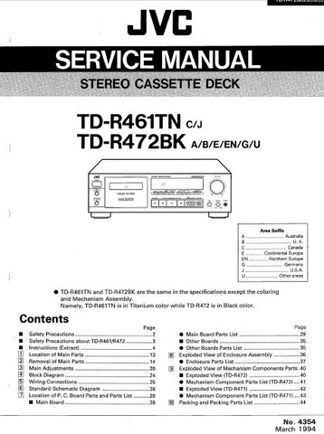 JVC TD-R461TN TD-R472BK STEREO CASSETTE DECK SERVICE MANUAL INC BLK DIAG PCBS SCHEM DIAGS AND PARTS LIST 56 PAGES ENG