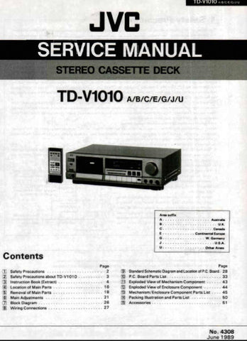 JVC TD-V1010 STEREO CASSETTE DECK SERVICE MANUAL INC BLK DIAG PCBS SCHEM DIAGS AND PARTS LIST 52 PAGES ENG