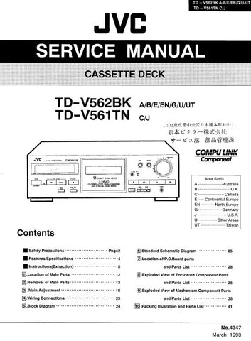 JVC TD-V561TN TD-V562BK CASSETTE DECK SERVICE MANUAL INC BLK DIAG PCBS SCHEM DIAGS AND PARTS LIST 48 PAGES ENG