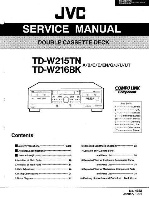 JVC TD-W215TN TD-W216BK DOUBLE CASSETTE DECK SERVICE MANUAL INC BLK DIAG PCBS SCHEM DIAGS AND PARTS LIST 52 PAGES ENG