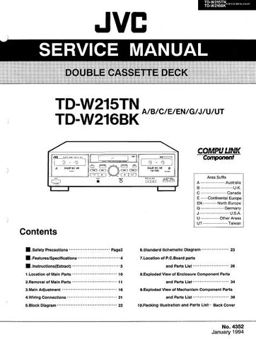 JVC TD-W215TN TD-W216BK DOUBLE CASSETTE DECK SERVICE MANUAL INC BLK DIAG PCBS SCHEM DIAGS AND PARTS LIST 52 PAGES ENG